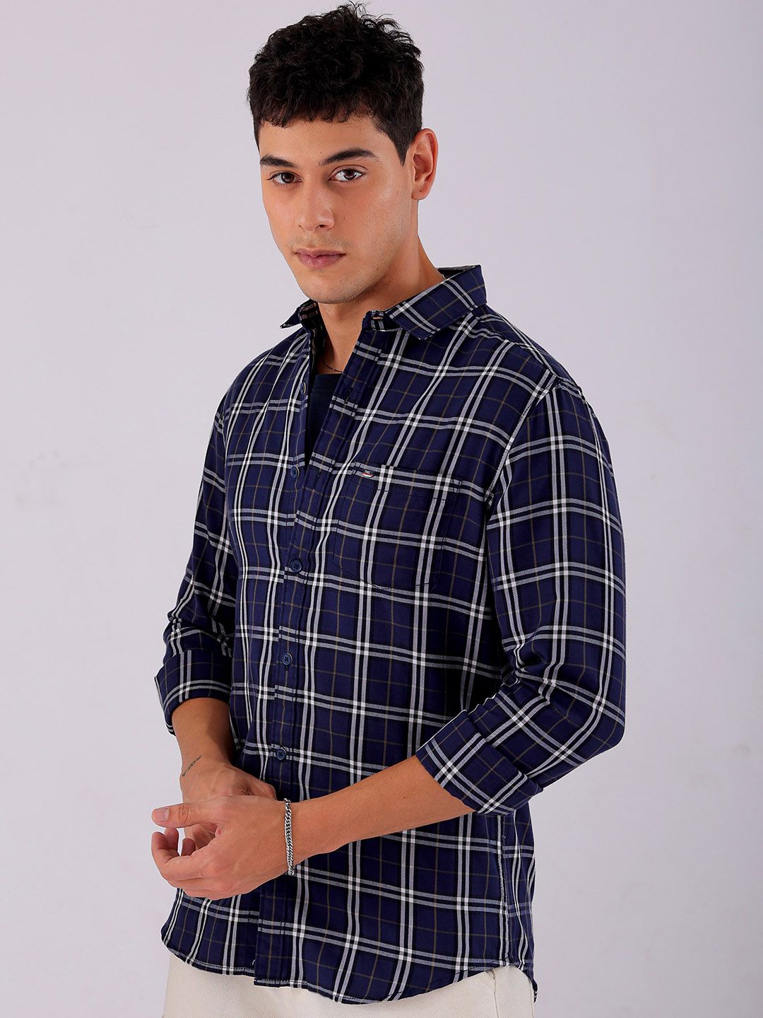 The Indian Garage Co Men Spread Collar Tartan Checked Cotton Slim Fit Casual Shirt
