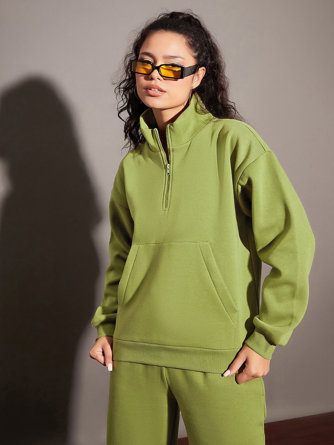 SASSAFRAS Olive Green Mock Collar Sweatshirt