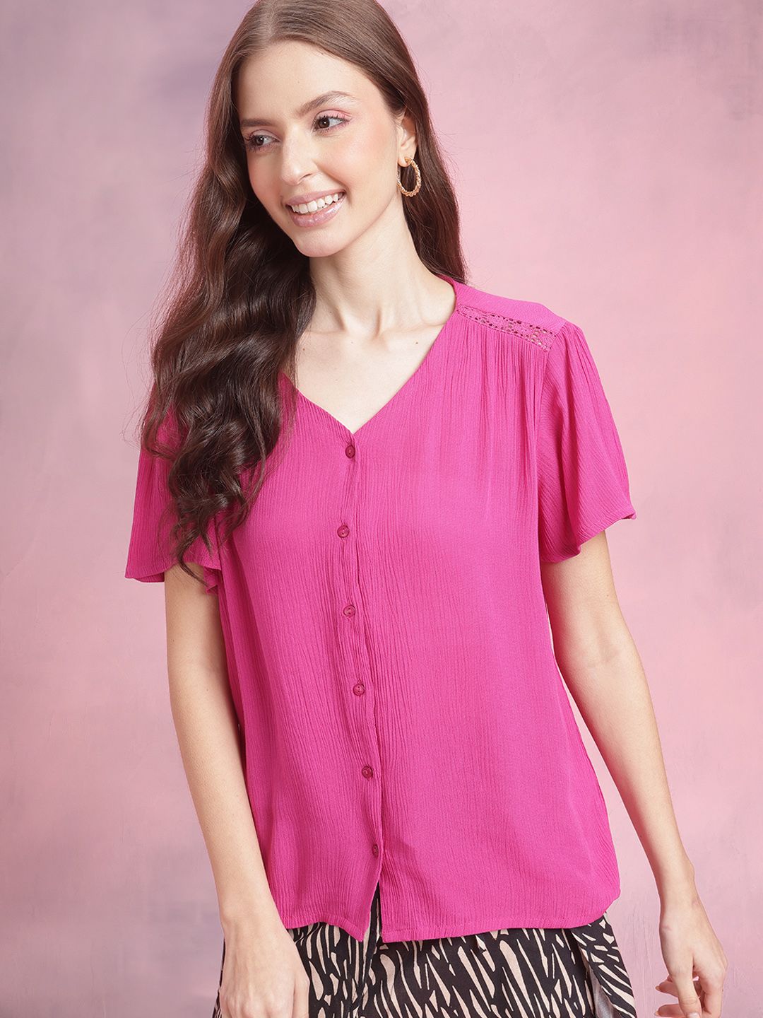 DressBerry Crinkled Cheesecloth Textured Lace Insert Top