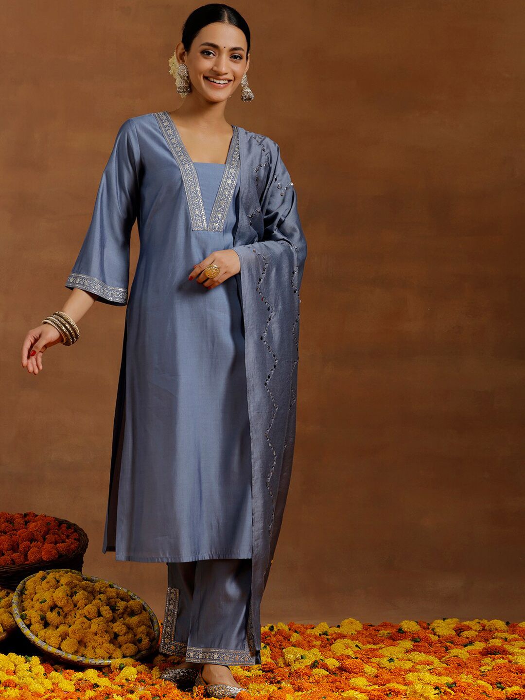 Libas Ethnic Motifs Yoke Design Regular Sequinned Kurta With Trousers & Dupatta