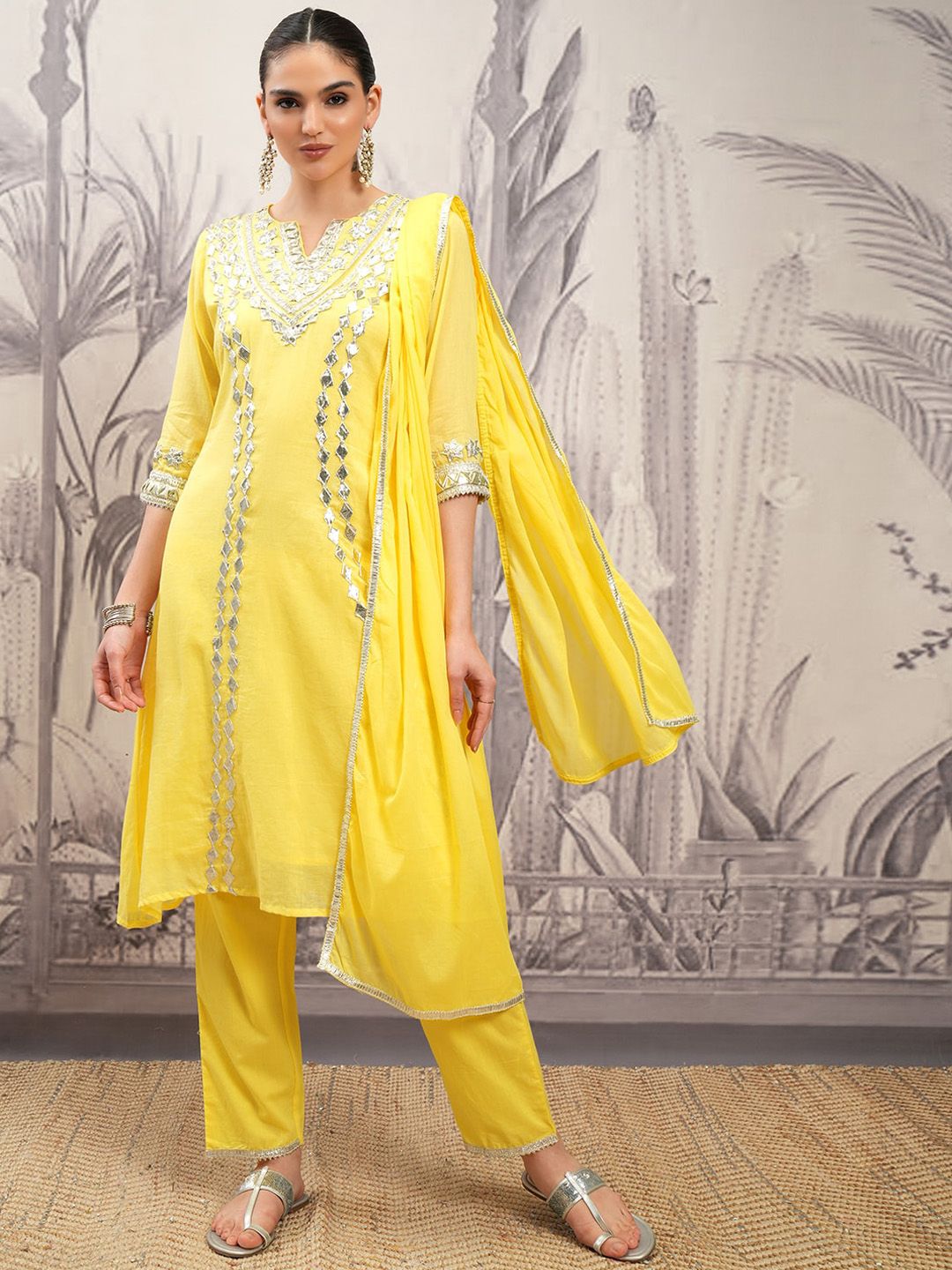 Vishudh Yellow Embroidered Pure Cotton Gotta Patti A-Line Kurta With Trousers & Dupatta