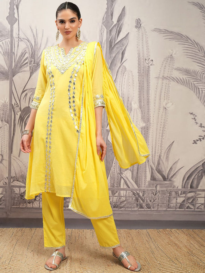 Vishudh Yellow Embroidered Pure Cotton Gotta Patti A-Line Kurta With Trousers & Dupatta