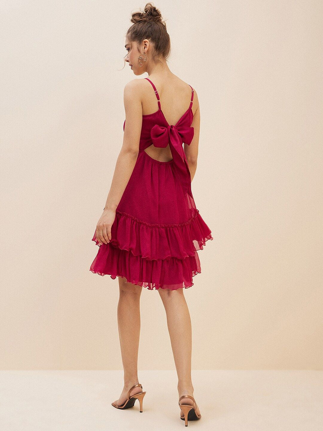 Antheaa Pink Layered Chiffon Empire Dress