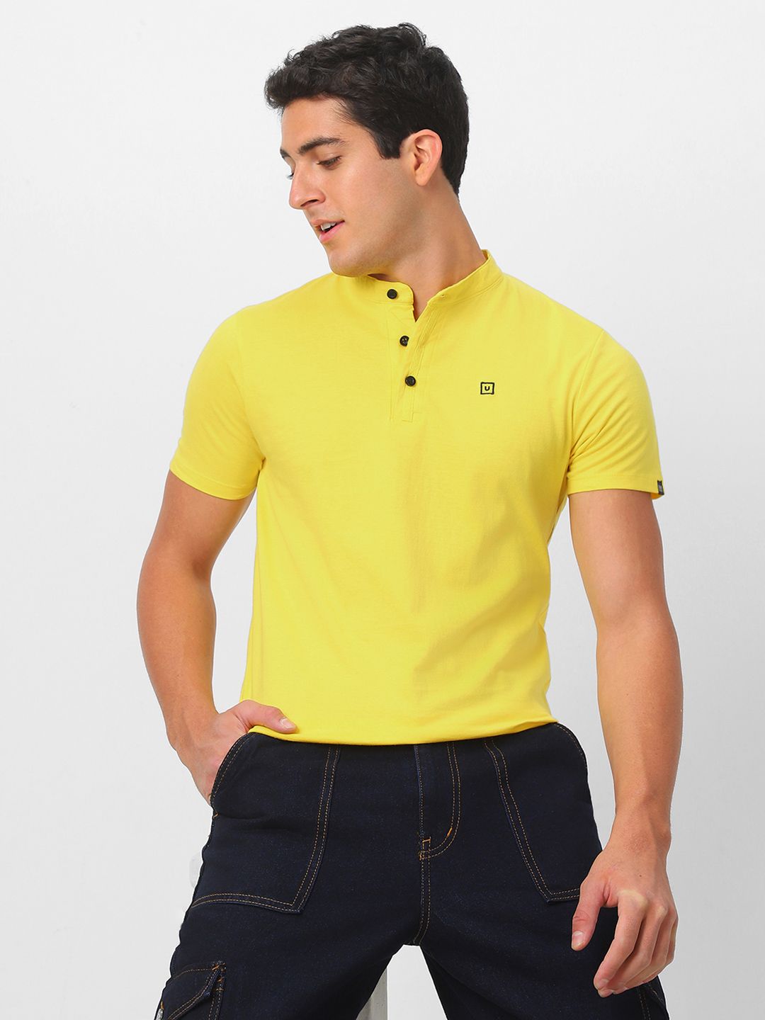 Urbano Fashion Men Yellow Solid Mandarin Collar Pure Cotton T-shirt