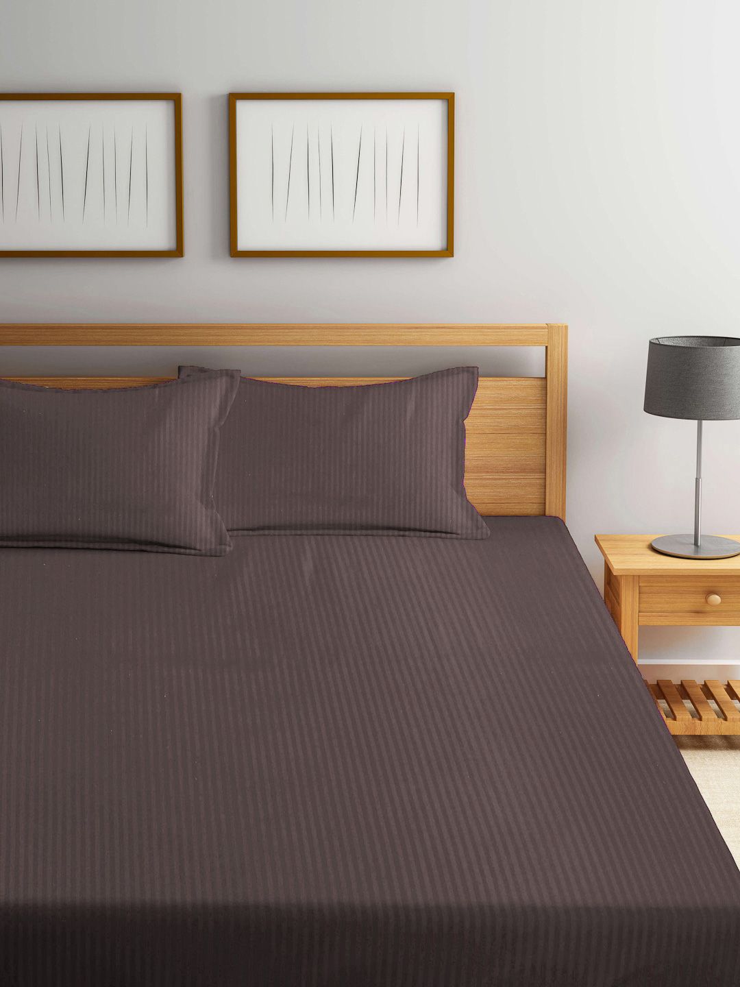 Myntra Elegant Homes Brown Striped Cotton 300 TC Fitted Super King Fine Bedsheet with 2 Pillow Covers-106 x 106 inches