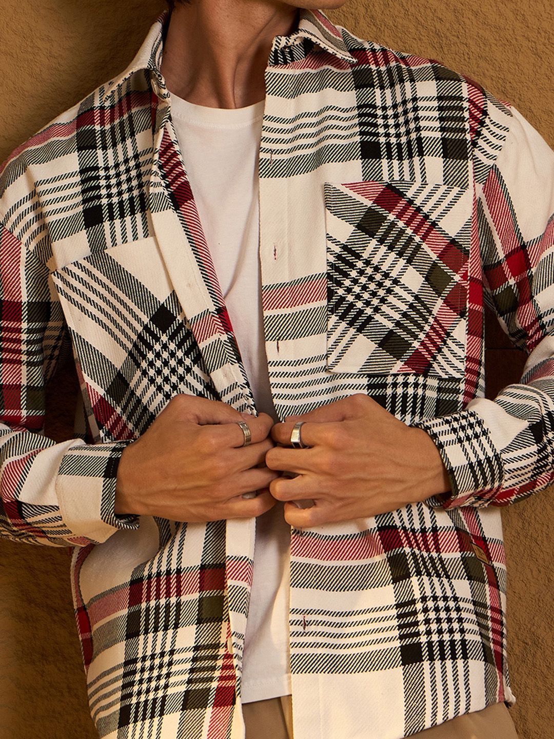 DENNISON Men Double Pocket Drop Shoulder Oversized Cotton Checked Shacket