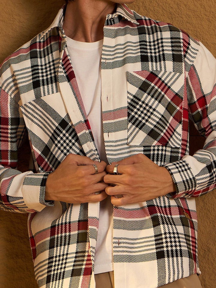 DENNISON Men Double Pocket Drop Shoulder Oversized Cotton Checked Shacket
