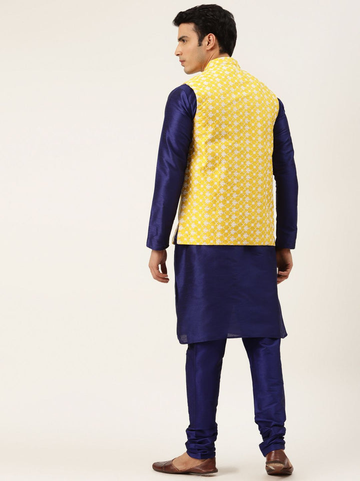 SOJANYA Men Navy Blue Solid Kurta with Churidar & Nehru Jacket