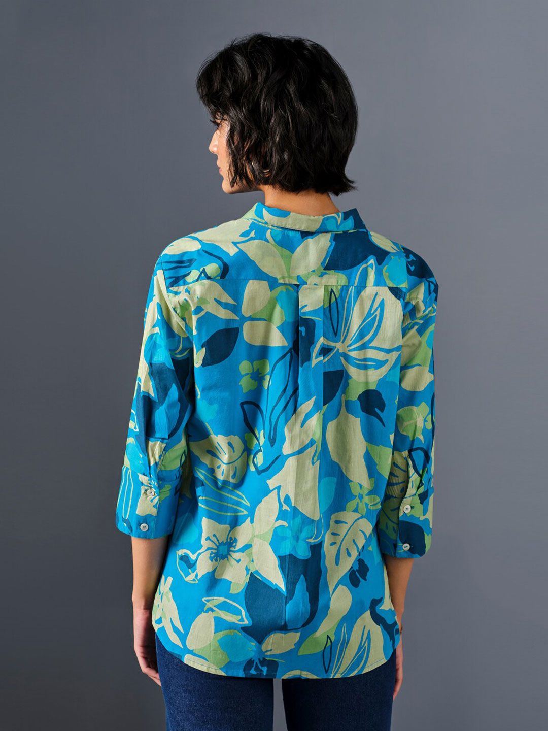 AND Floral Printed Shirt Collar Cuffed Sleeves Pure Cotton Shirt Style Top
