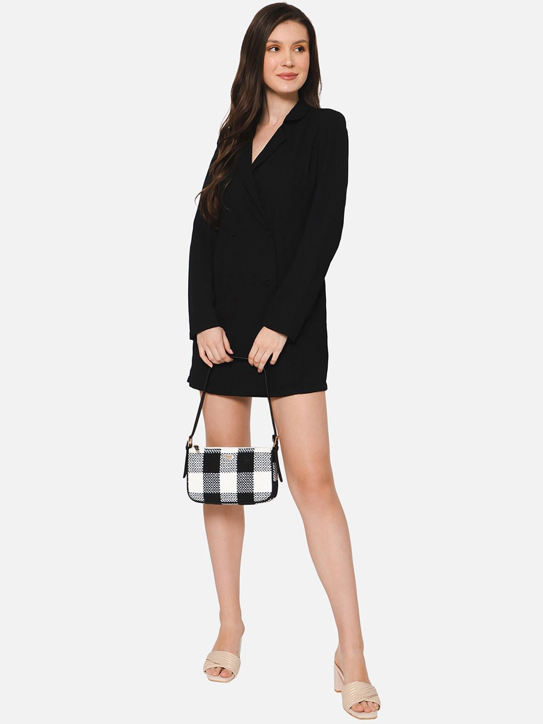 Berrylush Black & White Checked Structured Cotton Handheld Bag