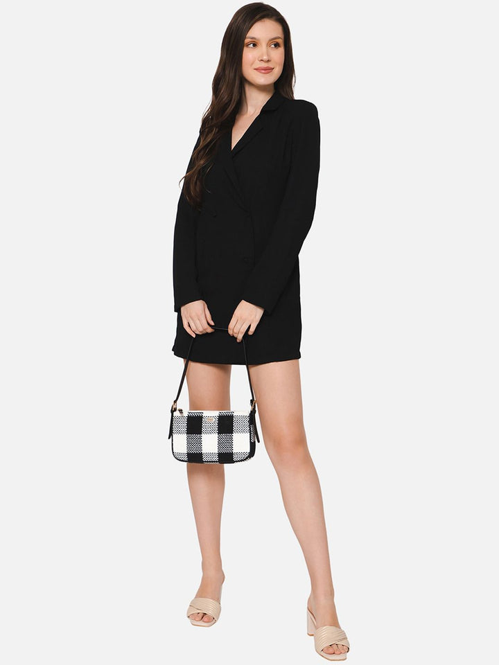 Berrylush Black & White Checked Structured Cotton Handheld Bag