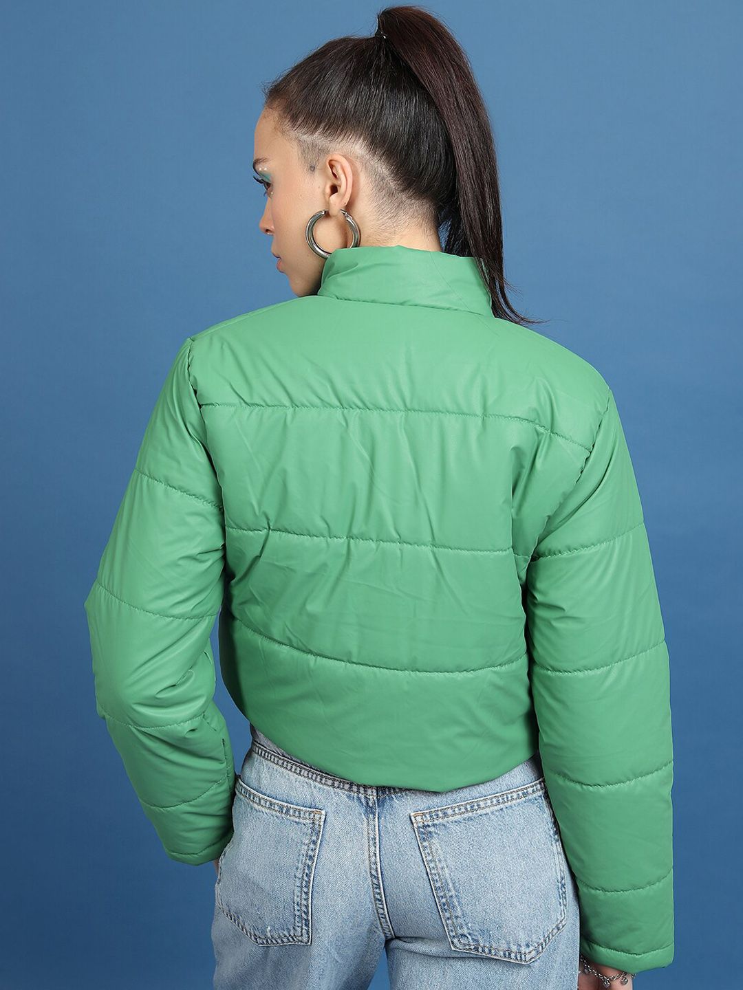 Tokyo Talkies Green Mock Collar Crop Padded Jacket