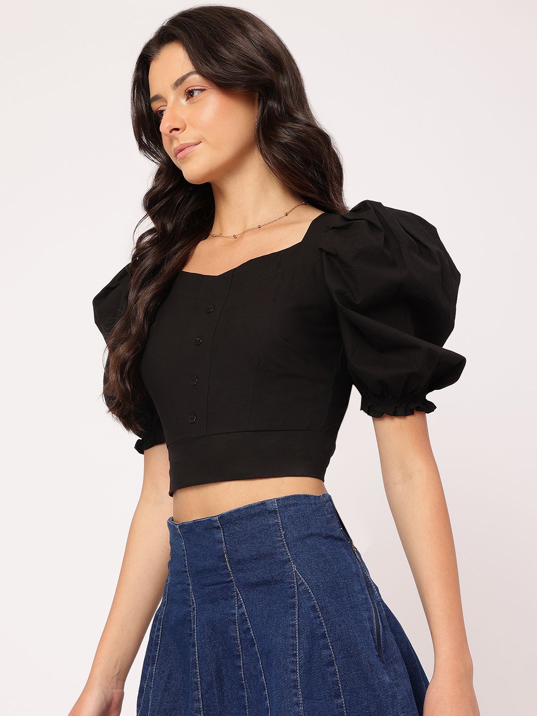 DressBerry Bubbly Basics Sweetheart Neck Puff Sleeves Crop Top