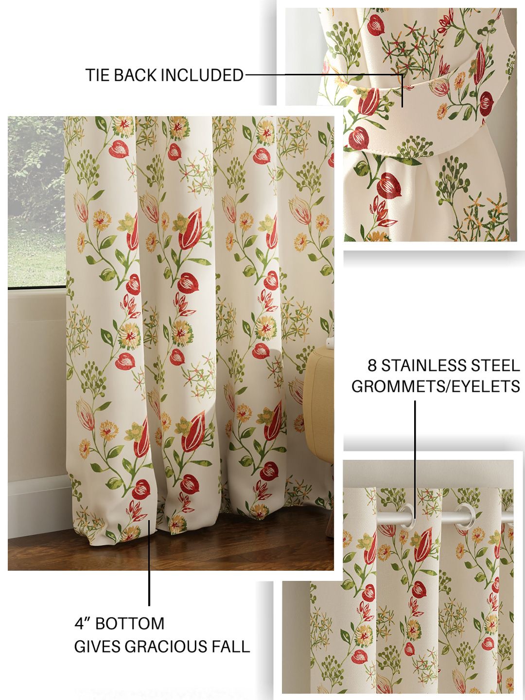 URBAN SPACE Pack of 2 White & Red Floral Printed Room Darkening Long Door Curtain