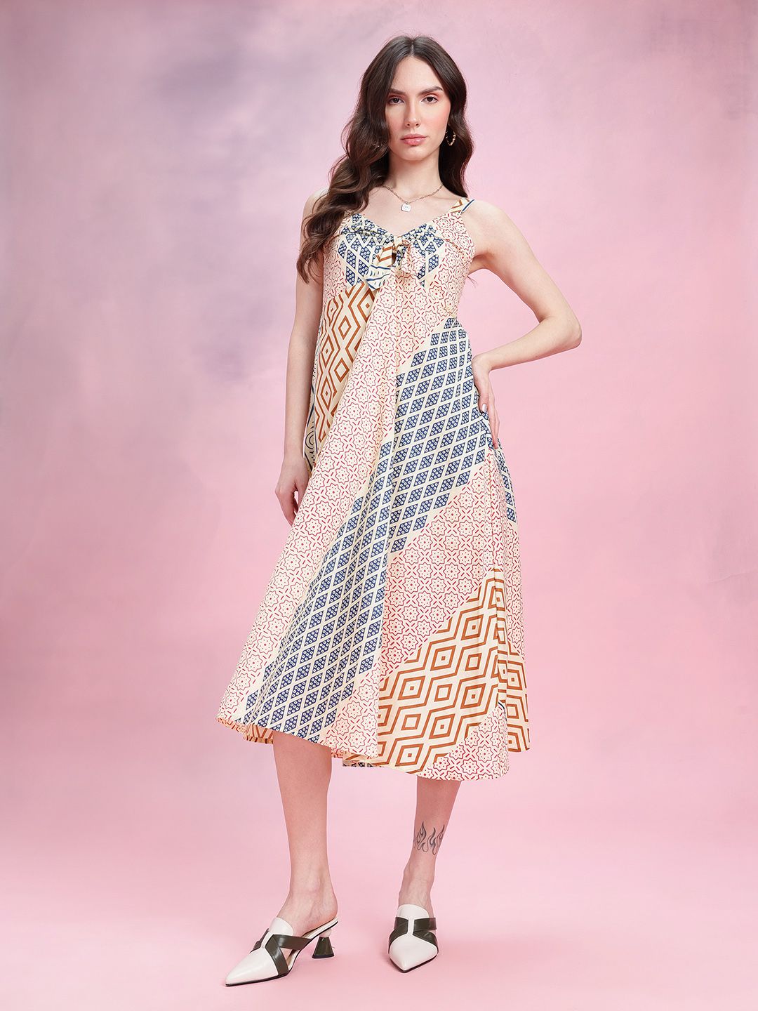 DressBerry Print Knot Detail Pure Cotton A-Line Midi Dress