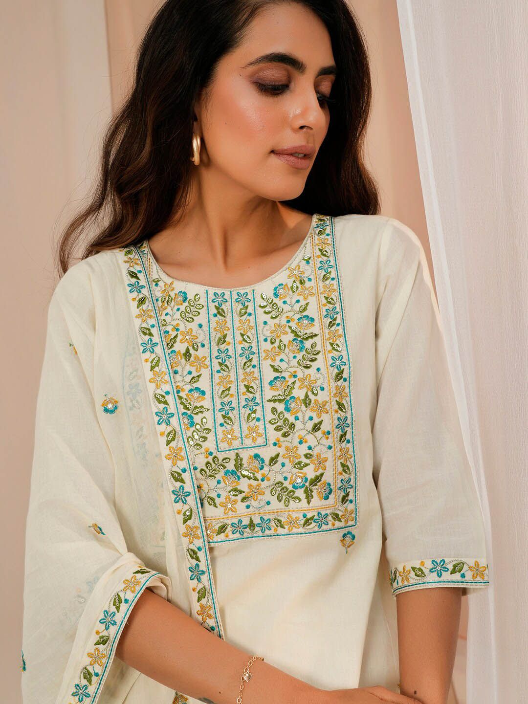 Libas Floral Yoke Design Regular Thread Work Pure Cotton Kurta With Trousers & Dupatta