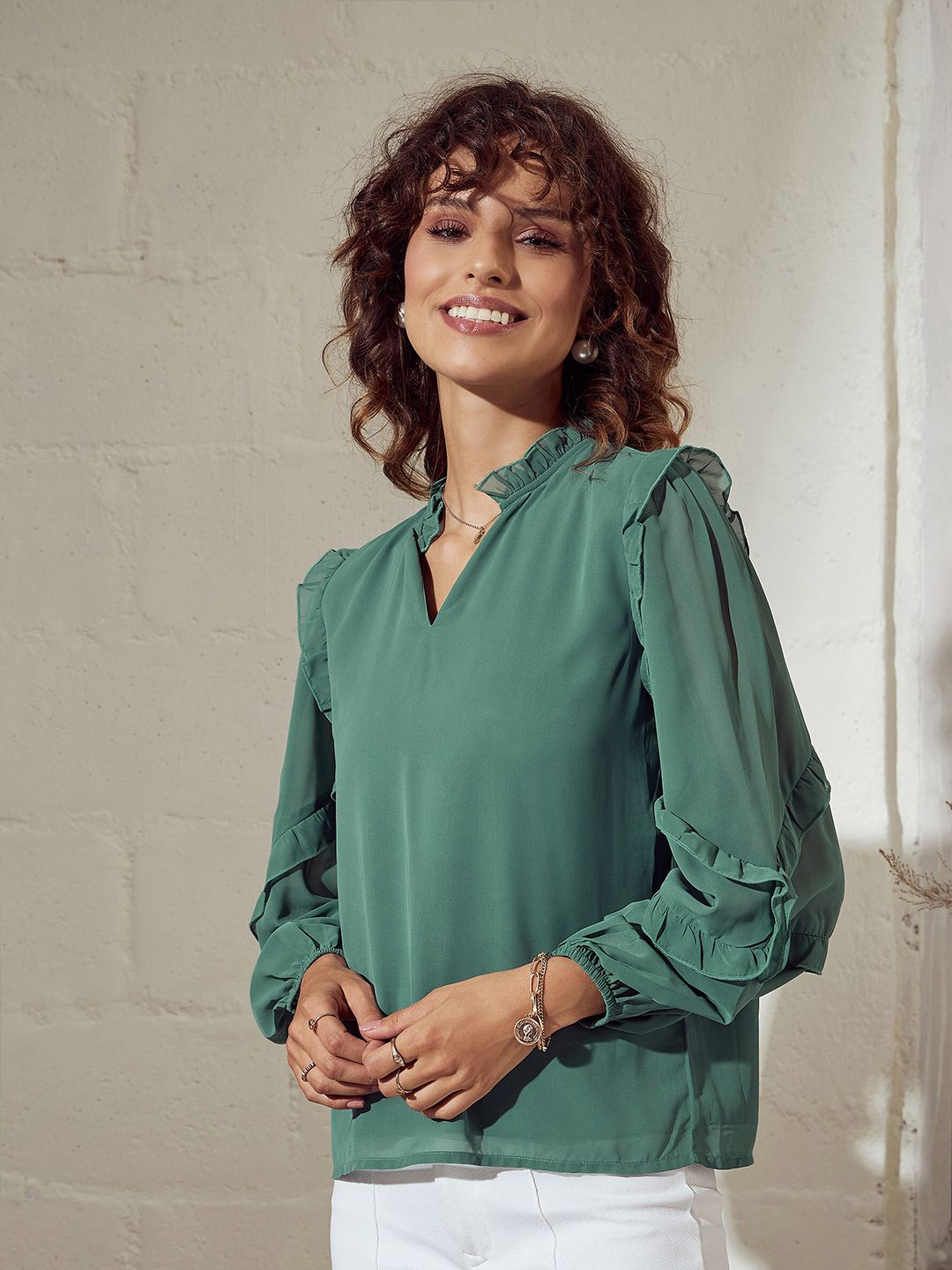 SASSAFRAS Sea Green V-Neck Puff Sleeves Ruffled Top