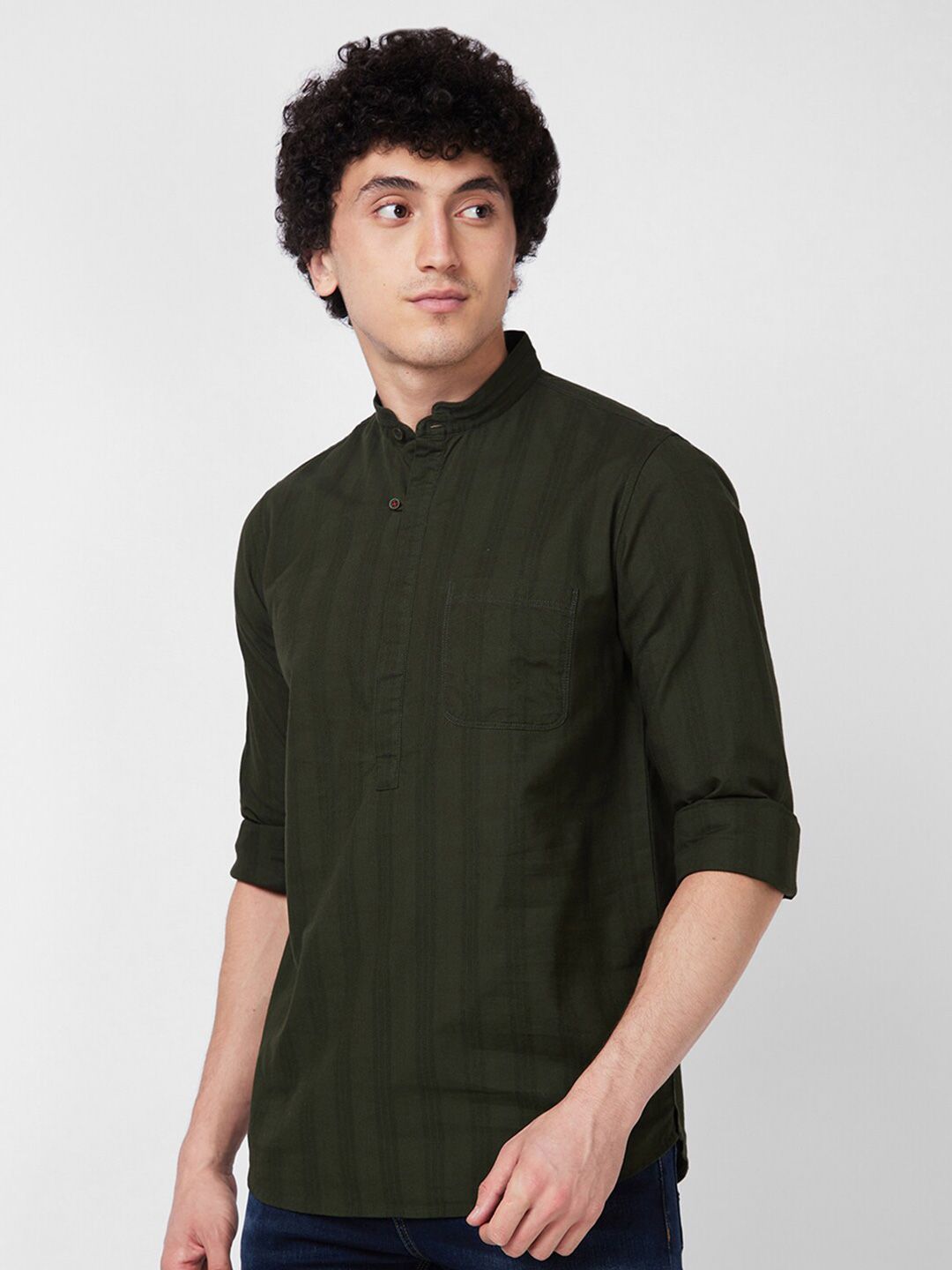 SPYKAR band collar Long Sleeves Striped Regular Fit Casual Pure Cotton Shirt