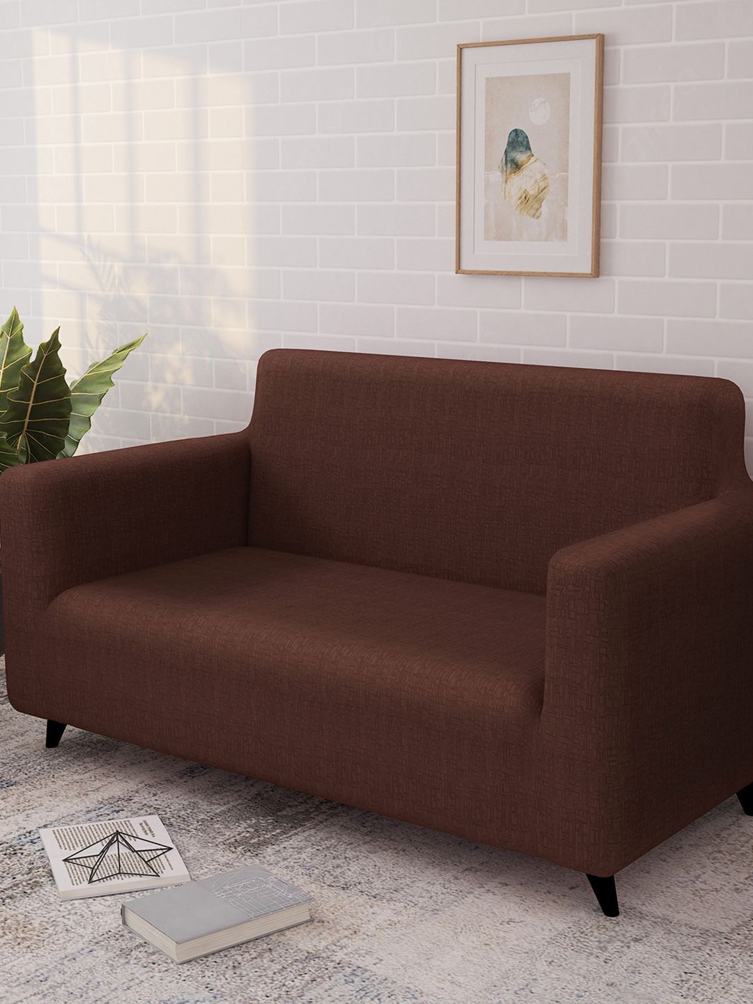 Story@home Brown Printed 2 Seater Stretchable Sofa Cover With Arms