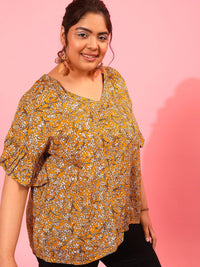 CURVY STREET V-Neck Floral Printed Bell Sleeves Top