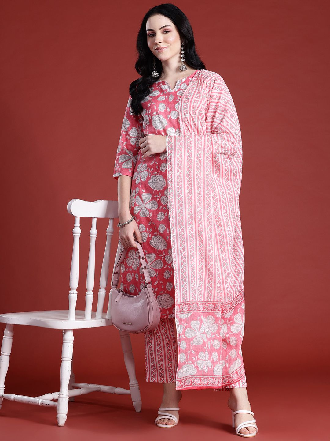 Anouk Floral Printed Panelled Pure Cotton Kurta with Trousers & With Dupatta
