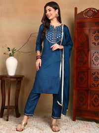 KALINI Floral Yoke Design Straight Kurta With Trousers & Dupatta