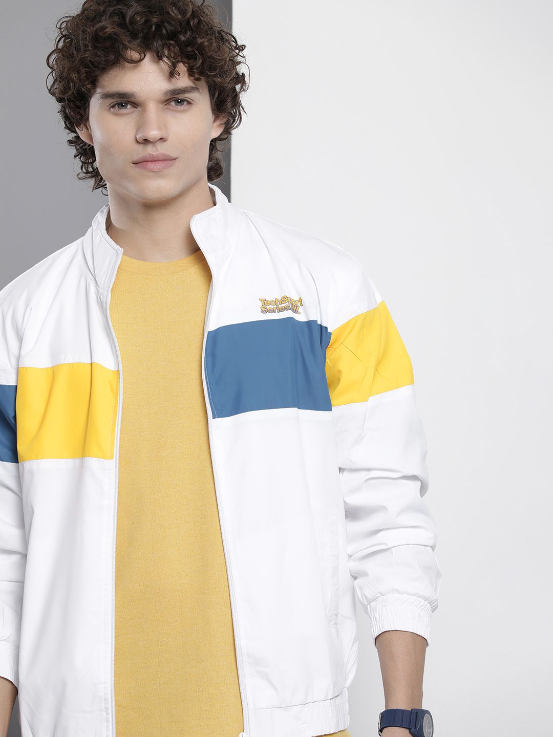The Indian Garage Co Men White & Blue Striped Windcheater Bomber Jacket