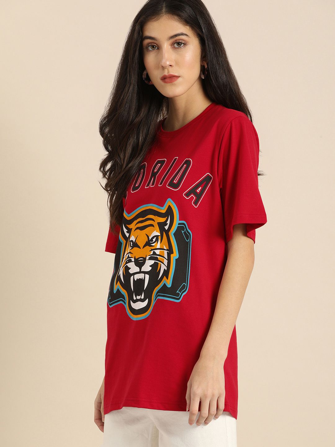 DILLINGER Women Red Printed Round Neck  Longline Oversized Pure Cotton T-shirt