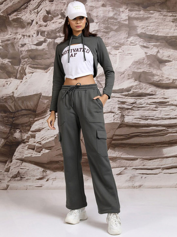 Tokyo Talkies Hooded Crop Top With Sweatshirt & Wide Leg Trousers