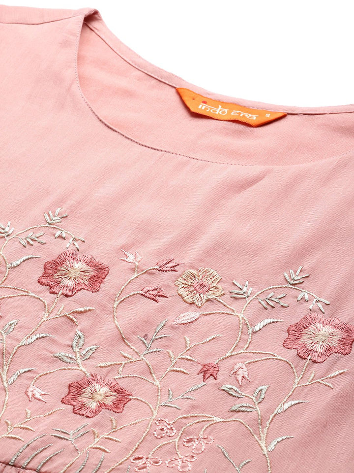 Indo Era Floral Embroidered Thread Work Pure Cotton Anarkali Kurta