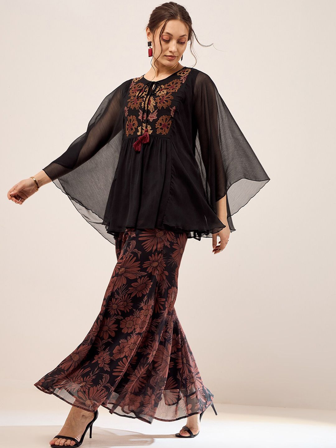 Antheaa Black Embroidered Top With Palazzo
