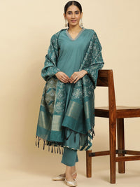 W V-Neck Kurta With Trousers & Dupatta