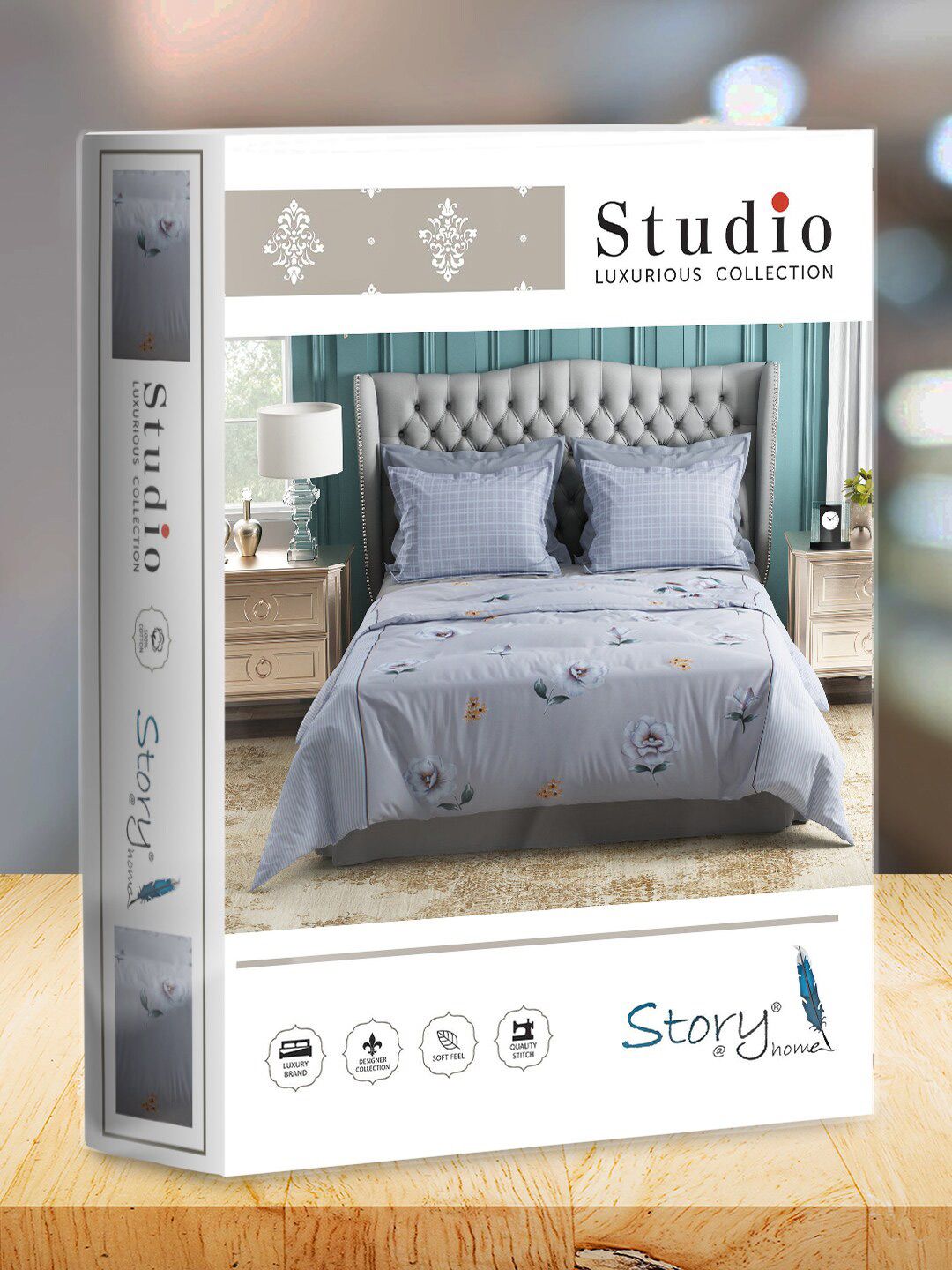 Story@home Grey & Cream-Coloured Floral 144 TC Cotton Queen Bedsheet with 2 Pillow Covers