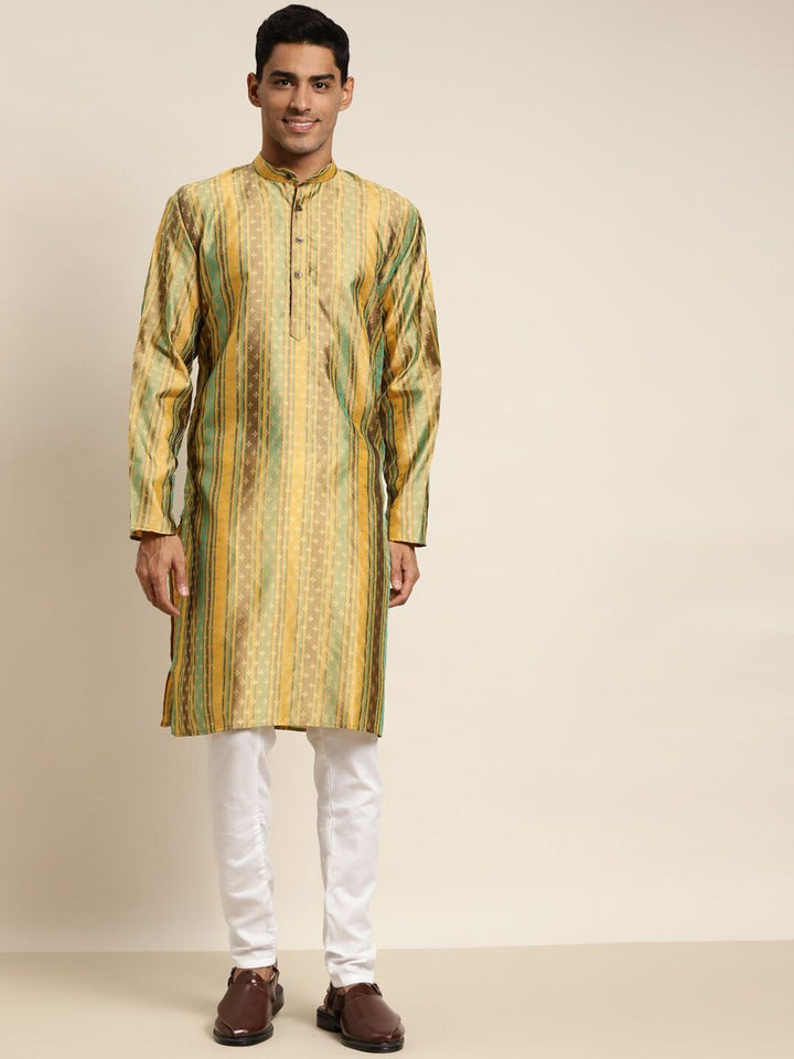 SOJANYA Lelaki Mustard Yellow & Brown Floral Thread Work Kurta