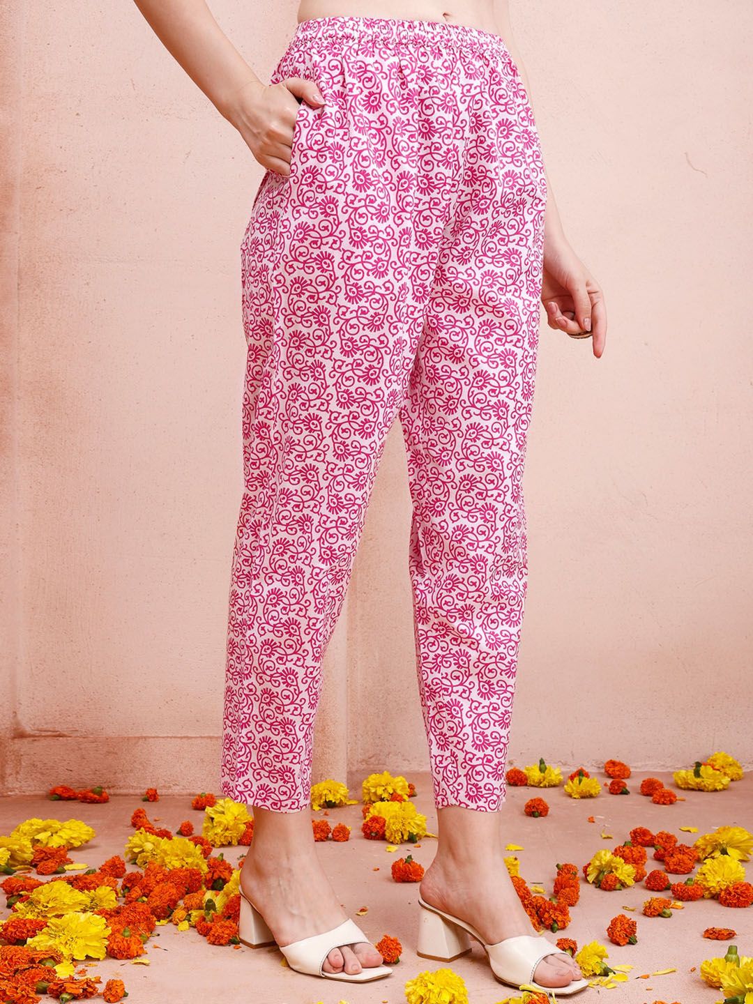 KALINI Ethnic Motifs Printed Angrakha Pure Cotton Kurta & Trousers With Dupatta