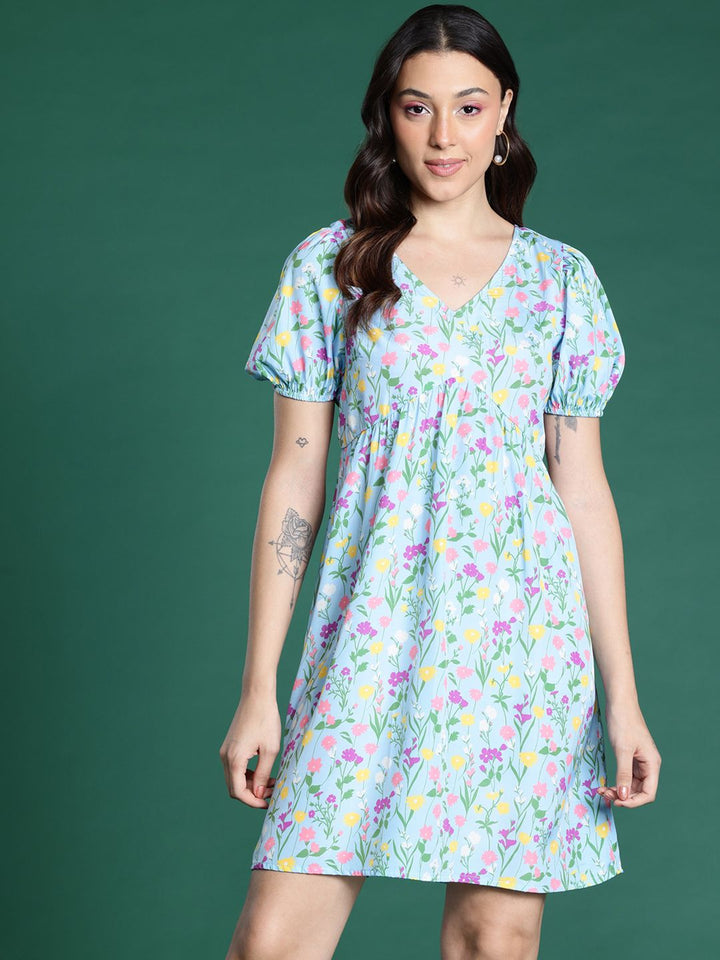 DressBerry Floral Print Puff Sleeve Empire Dress