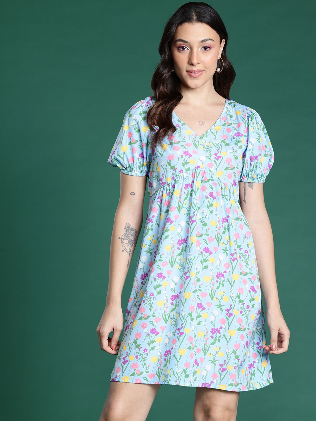 DressBerry Floral Print Puff Sleeve Empire Dress