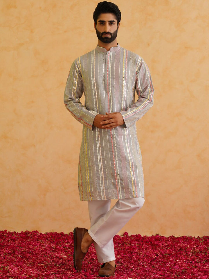 SOJANYA LUXE Embroidered Mandarin Collar Long Sleeves Cotton Straight Kurta