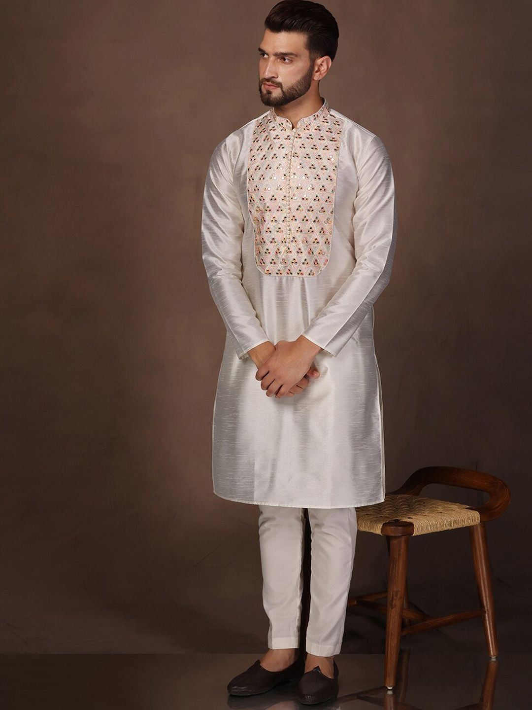 KISAH Yoke Design Mandarin Collar Mirror Work Kurta