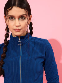 STREET 9 Women Blue Striped Crop Tailored Jacket