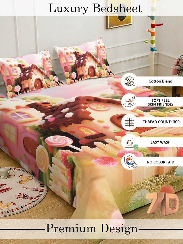 Myntra Elegant Homes Purple & Pink Cartoon Characters 300 TC King Bedsheet with 2 Pillow Covers