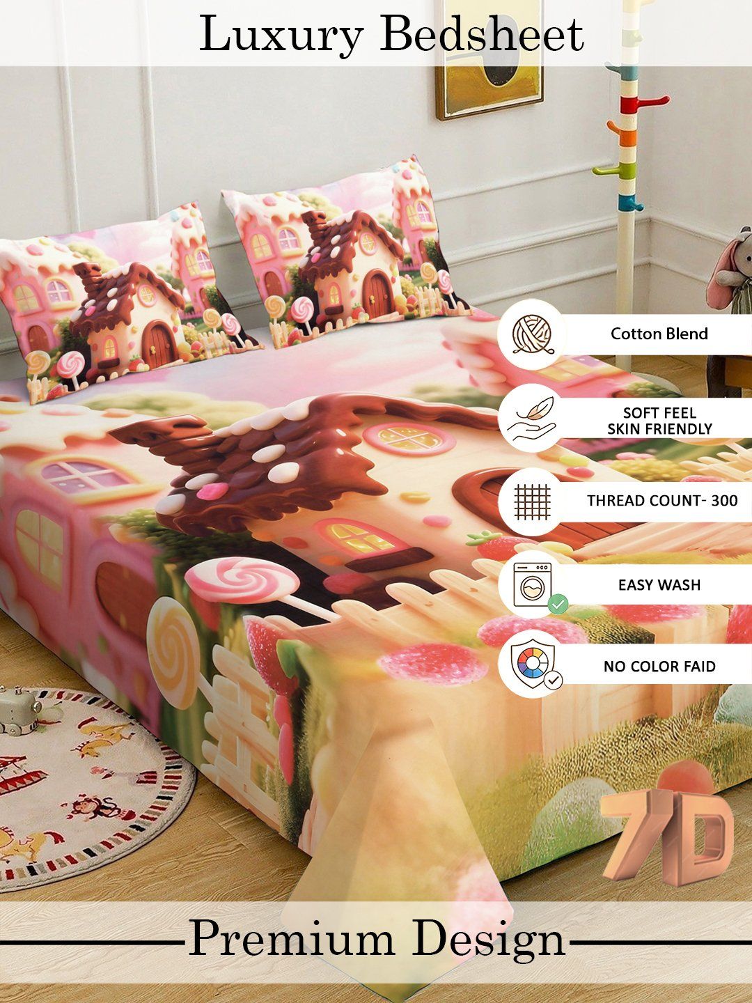 Myntra Elegant Homes Purple & Pink Cartoon Characters 300 TC King Bedsheet with 2 Pillow Covers