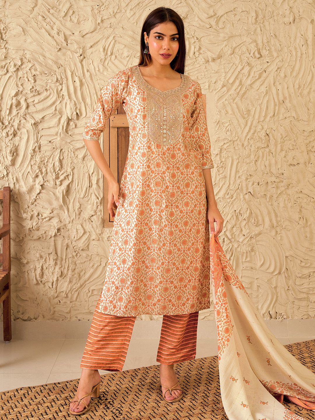 Libas Women Floral Printed Regular Sequinned Kurta with Palazzos & With Dupatta