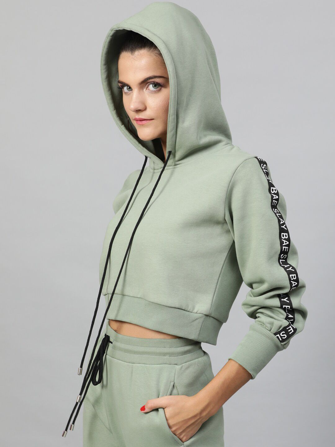 STREET 9 Women Sage Green Solid Hooded Crop Sweatshirt