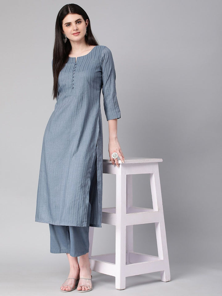 KALINI Striped Regular Thread Work Kurta With Trousers
