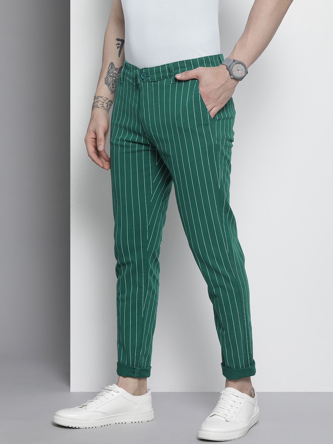 The Indian Garage Co Men Green Striped Slim Fit Chinos