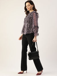 Antheaa Women Black & Lavender Floral Print Bishop Sleeves Peplum Top