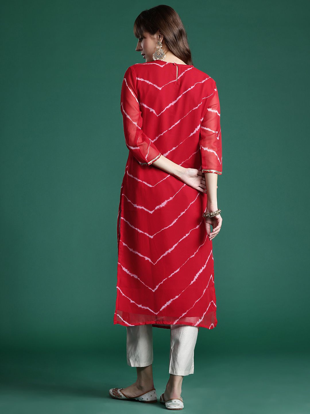 Indo Era Leheriya Print Zari & Mirror Embroidered Straight Georgette Kurta