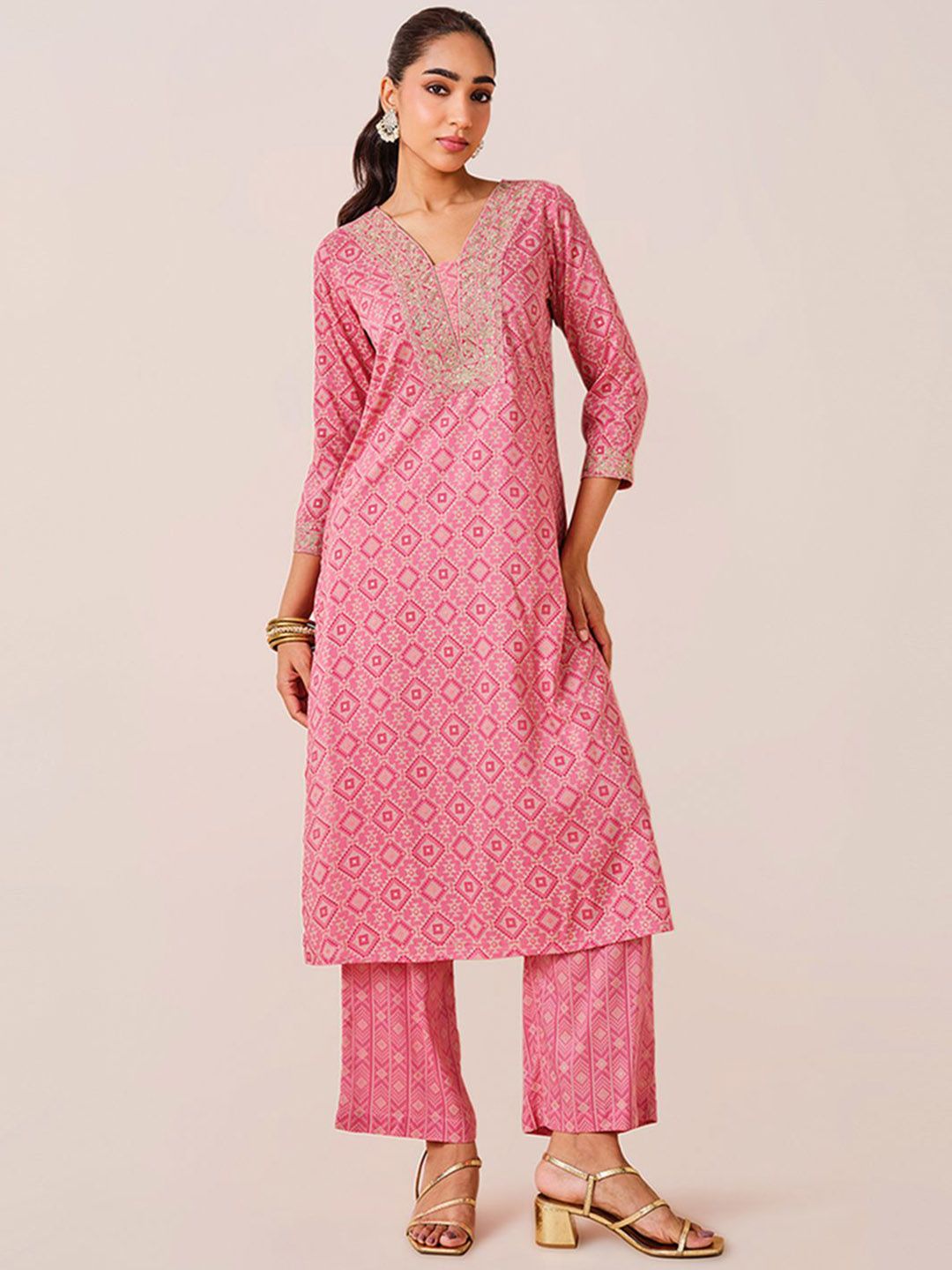 Global Desi Geometric Printed Sequinned A-Line Kurta With Palazzo