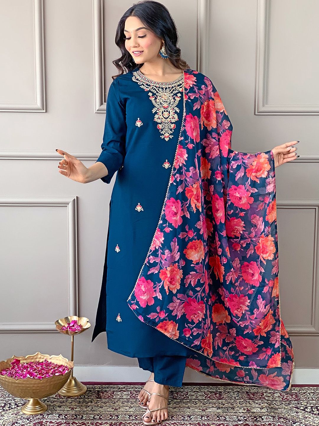 KALINI Floral Embroidered Regular Thread Work Straight Kurta With Trousers & Dupatta